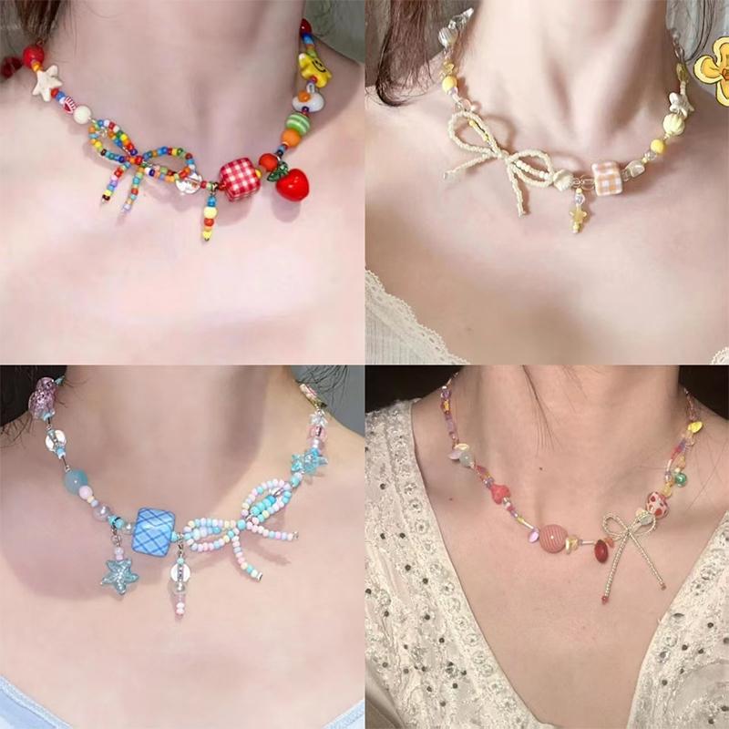 Collier de bonbons Y2K pour femmes et filles, ras du cou mignon et doux, chaîne courte colorée en perles tissées à la main