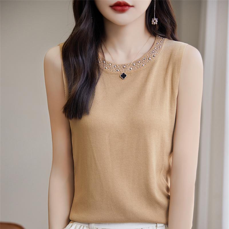 Trendiges ärmelloses Stricktop aus Eis-Seide: Damen Hot Drill Mode Camisole mit Rundhalsausschnitt