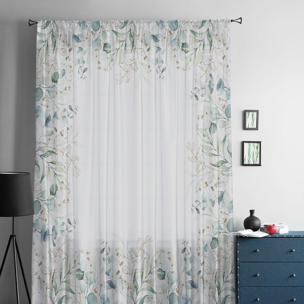 Watercolor Eucalyptus Leaves Sheer Curtains For Living Room Bedroom Home Decor Voile Drapes