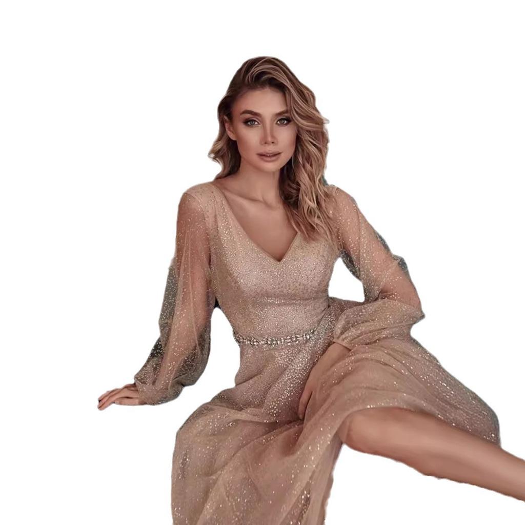 New European and American Women's Dress Sprinkled with Gold Birthday Party Temperament Starry Sky Elegant Mesh Evening Dress