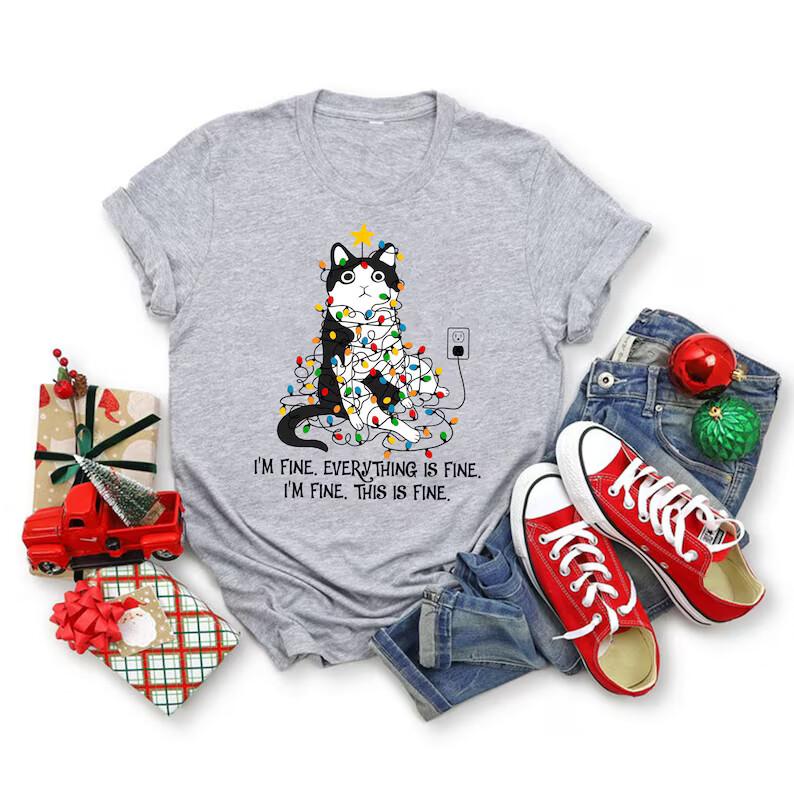 Funny Cat Christmas Shirt, Everything Is Fine Christmas Shirt, Christmas Lights Unisex T-Shirt M