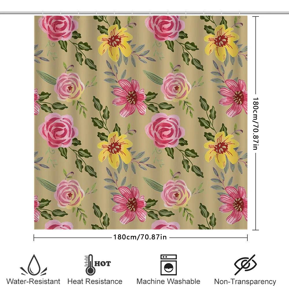 GAEFloral Print Shower Curtain Set Waterproof Bath Decor Fabric for Home Decoration Beige, Pink Yellow Colors #806724319501