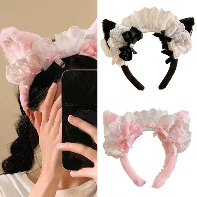 Roztomilý chlupatý kočičí uši mašlička do vlasů Pohodlné čelenky pro každodenní použití Cosplay Anime Módní čelenka do vlasů