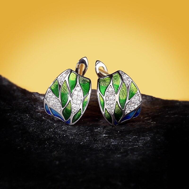 YFN Orecchini Pendenti A Foglia Di Bambù In Argento Sterling 925 Con Zirconi Cubici E Smalto - Regalo Donna, Misura 19.8x13.2 Mm