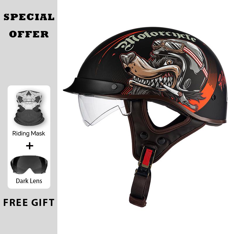 Men Women Universal Motorcycle Helmets with Lens Retro Half Face Helmet ABS Shell Capacete De Moto DOT Approved Moto Equipment