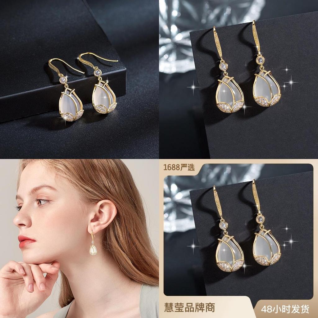 Semi Opal Vintage Precious Stone Earrings Women Tulip Dangle Jewelry Gifts Girl