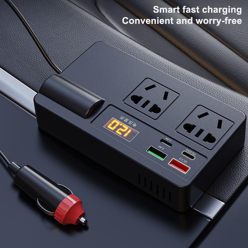 Auto-Wechselrichter 200W DC 12V/24V zu AC 220V Konverter Ein/Aus-Schalter QC 3.0 USB/PD/Type-C Ladegeräte Netzteil Spannungserkennung