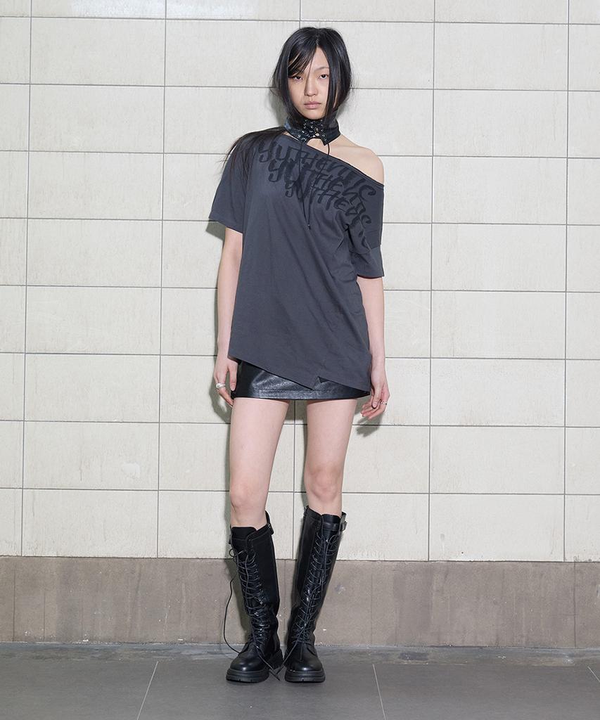 Yusentig Asymmetrical Print Off-Shoulder T-Shirt Dark Gray Aw6Me40413