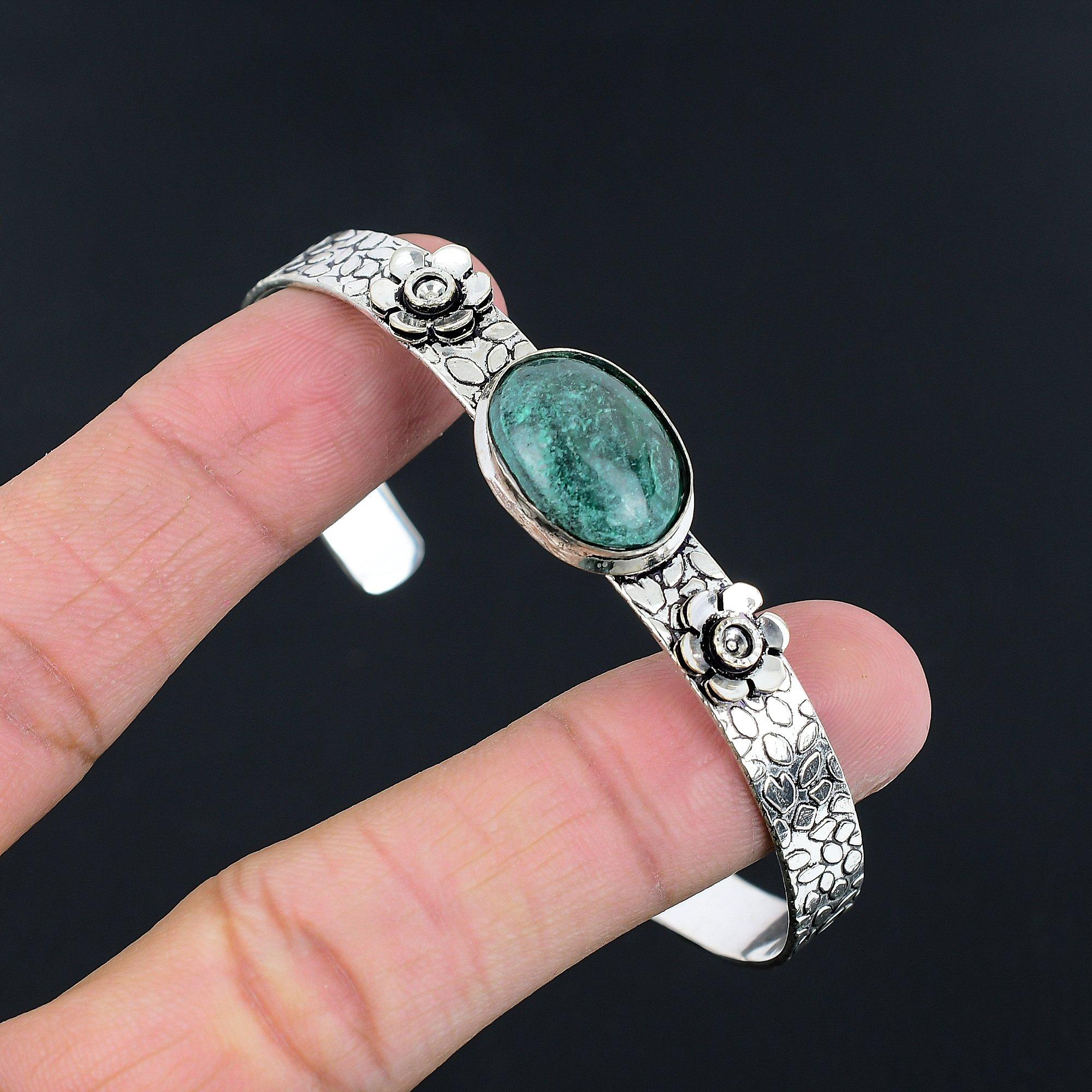 

Natural Malachite Gemstone Bangle Flower Green Adjustable 925 Sterling Silver Adjustable