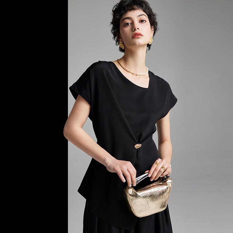 Women s Light Luxury Mulberry Silk V-Neck Short Sleeve Top L чёрный