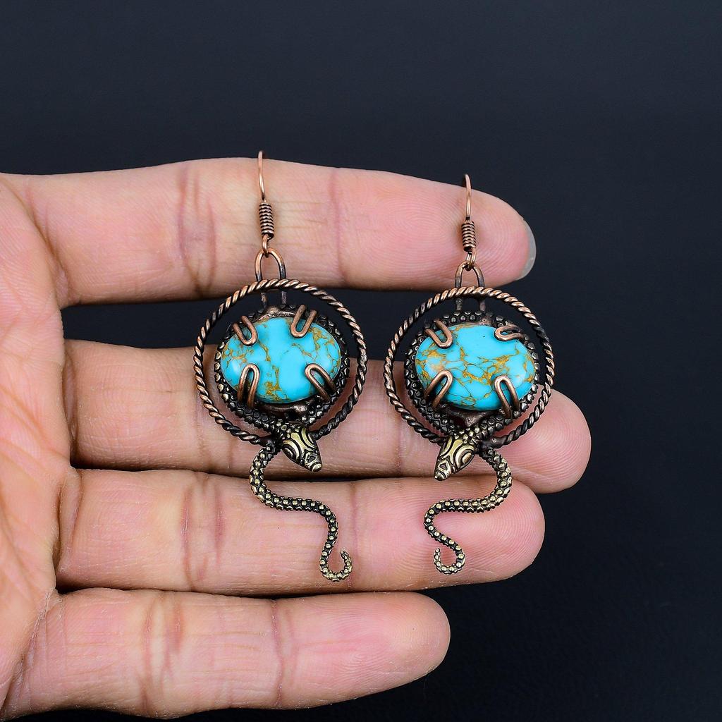 Arizona Turquoise 999 Copper Wire Wrapped Earrings, Handmade Gemstone Jewelry Earrings For Memorial Day