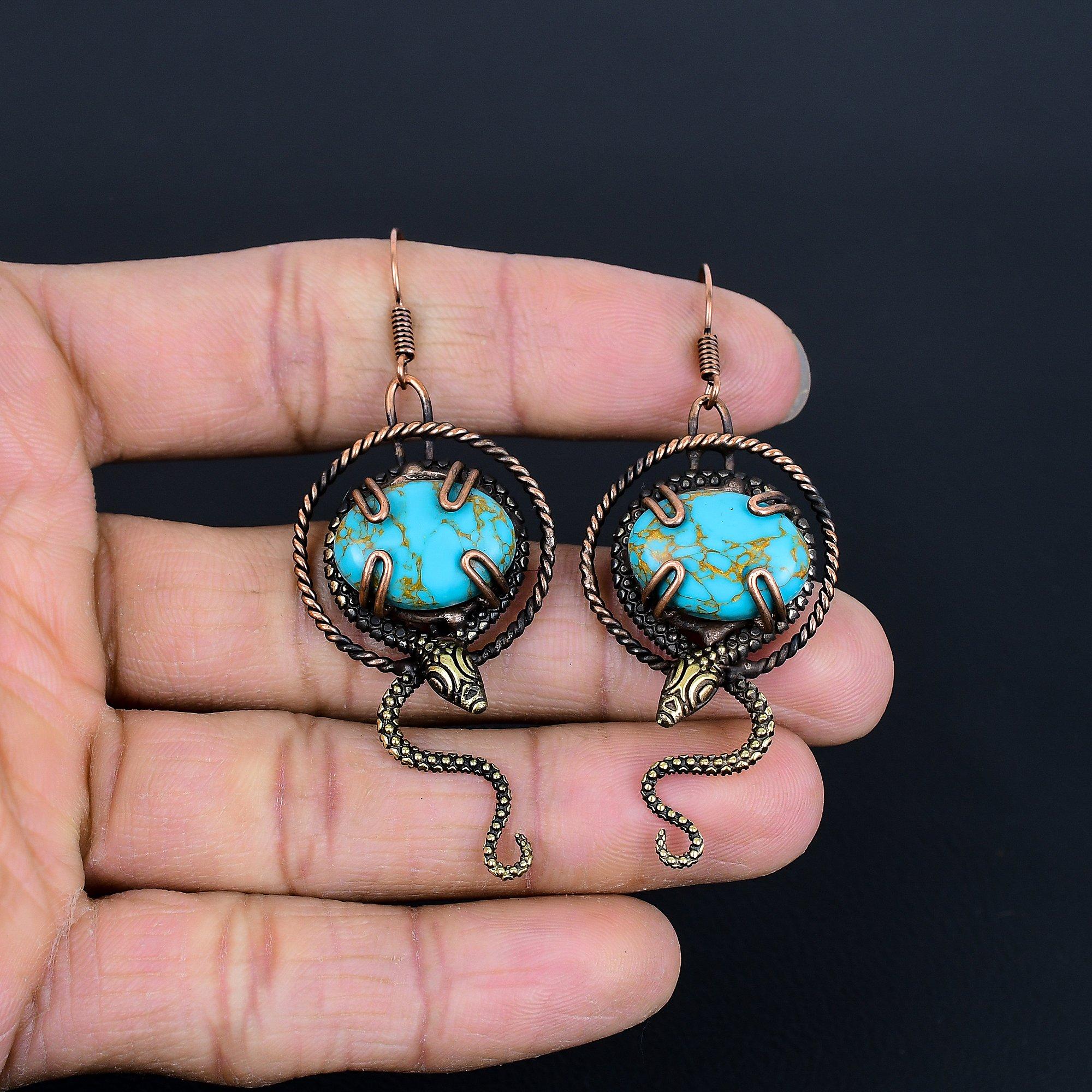 

Arizona Turquoise 999 Copper Wire Wrapped Earrings, Handmade Gemstone Jewelry Earrings For Memorial Day 2.75 Inches