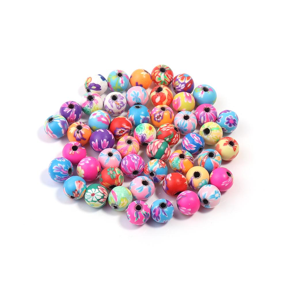 50 Stück 6/8/10/12 mm Polymer Clay Blumenmuster Perlen Gemischte Farbe Runde Lose Abstandshalterperlen Für Schmuckherstellung DIY Armband Zubehör
