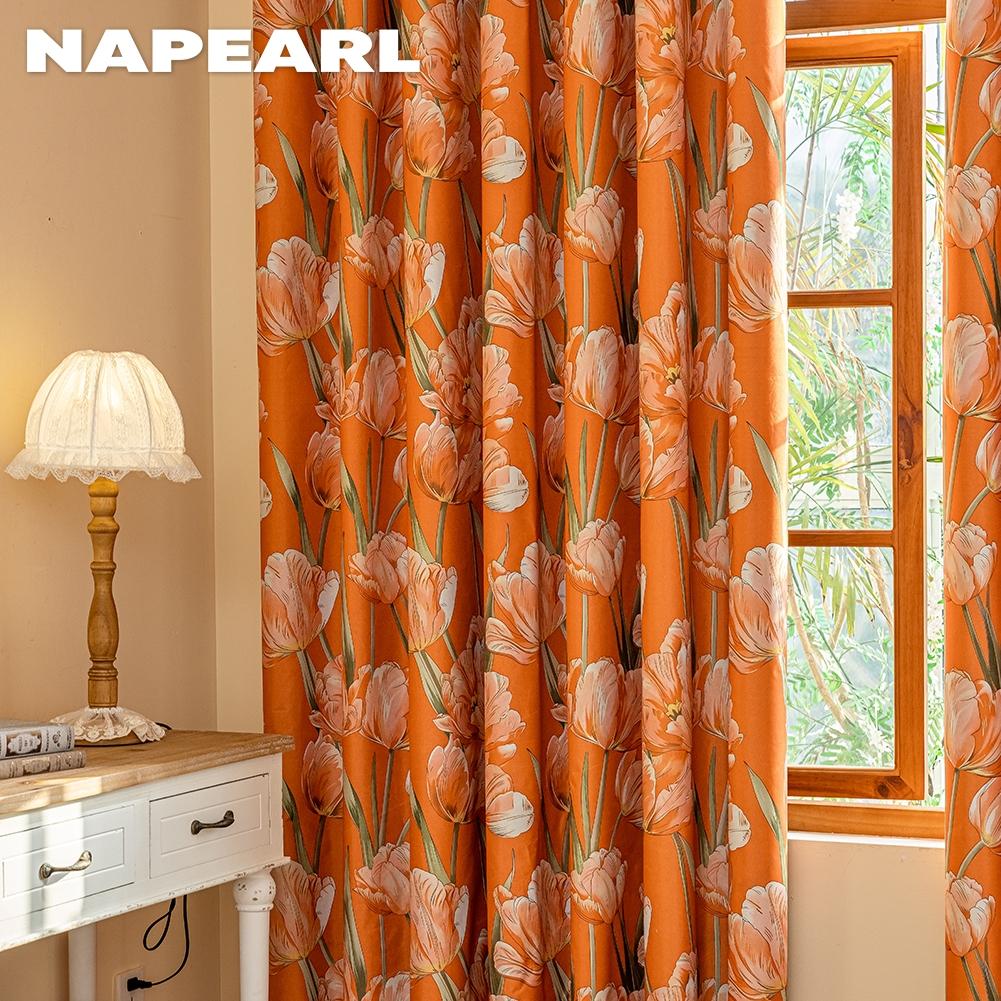 1PC NAPEARL European Style Orange Tulip Printed Curtains Fully Blackout Curtain for Bedroom Living Room Balcony Window for Home Decor