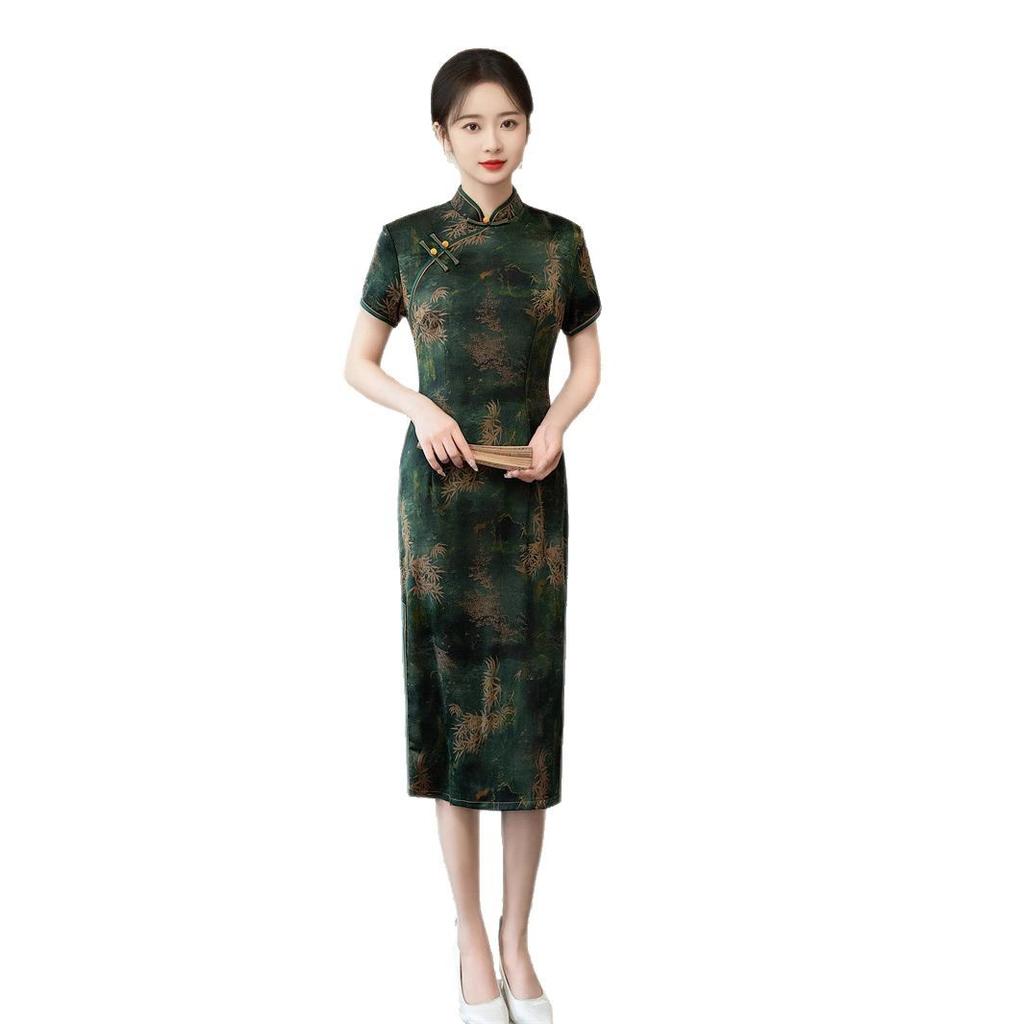 1011 spring and summer new imitation acetic acid jacquard short-sleeved retro improved daily cheongsam skirt medium and long looking thin