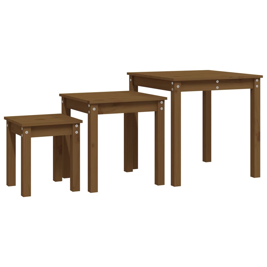 3 Piece Nesting Tables Set Honey Brown Solid Pine Wood