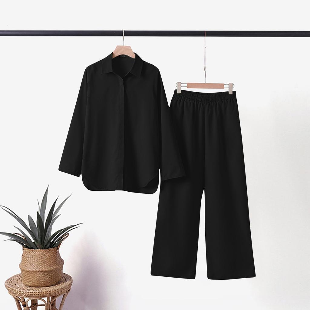 Women's Fashion Casual Summer Color Lapel Long-sleeved Shirt Elastic Waist Nine-point Pants Two-piece Suit
