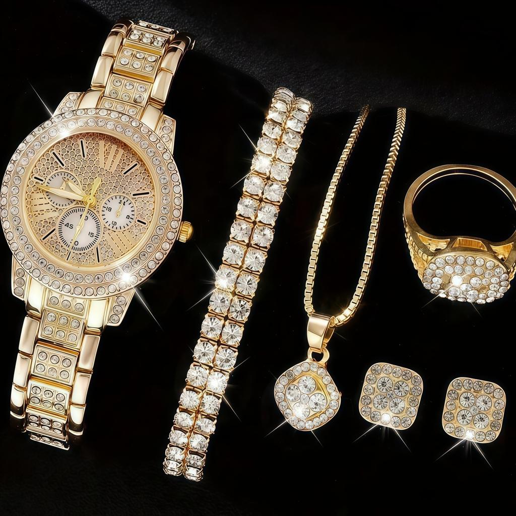 Ladies Cornucopia Diamond Watch Set, Popular 5pcs Bracelet Accessories Fashion Quartz European Beautiful Women Watch Set