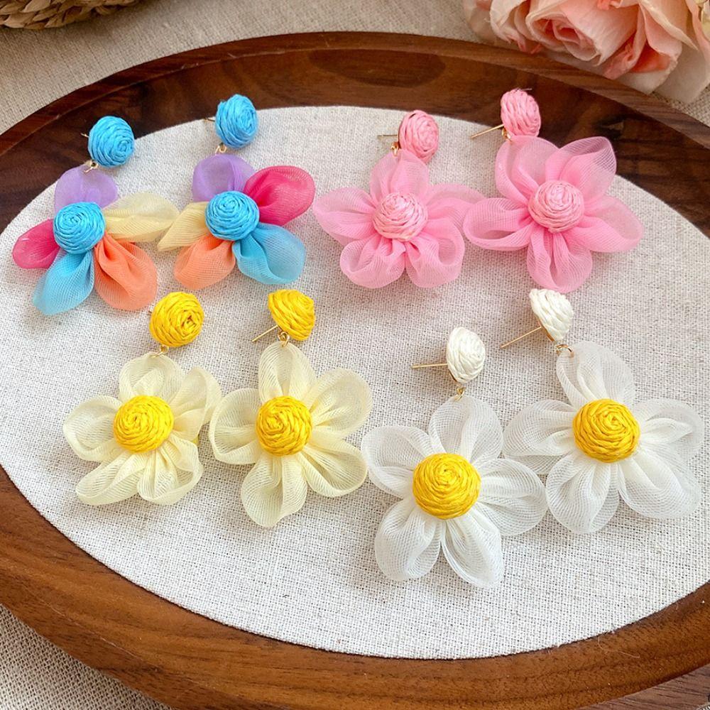 Exaggerated Shape Dangle Earrings Raffia Wood Drop Earrings Elegant Flower Ear Drop  Lady