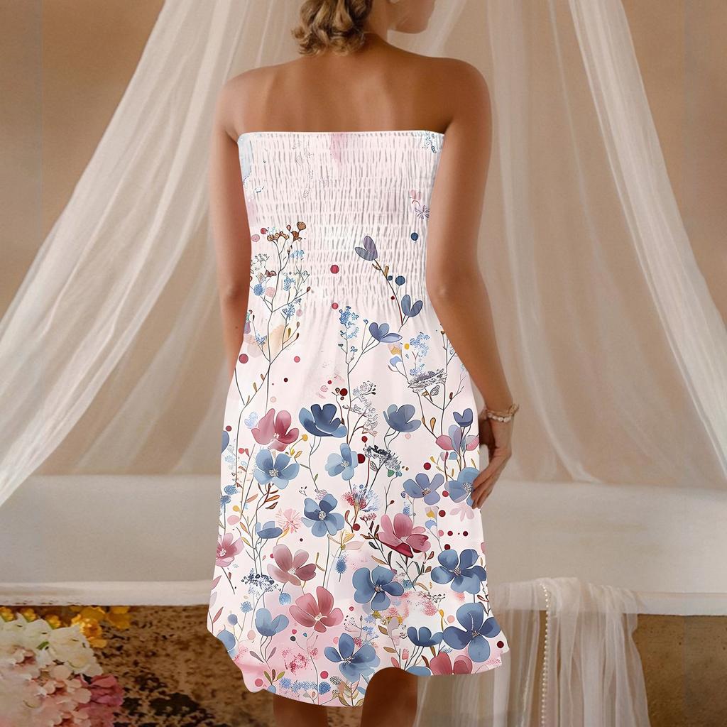 Moda Kadın Günlük Bandeau Çiçek Baskılı Kolsuz Elbise