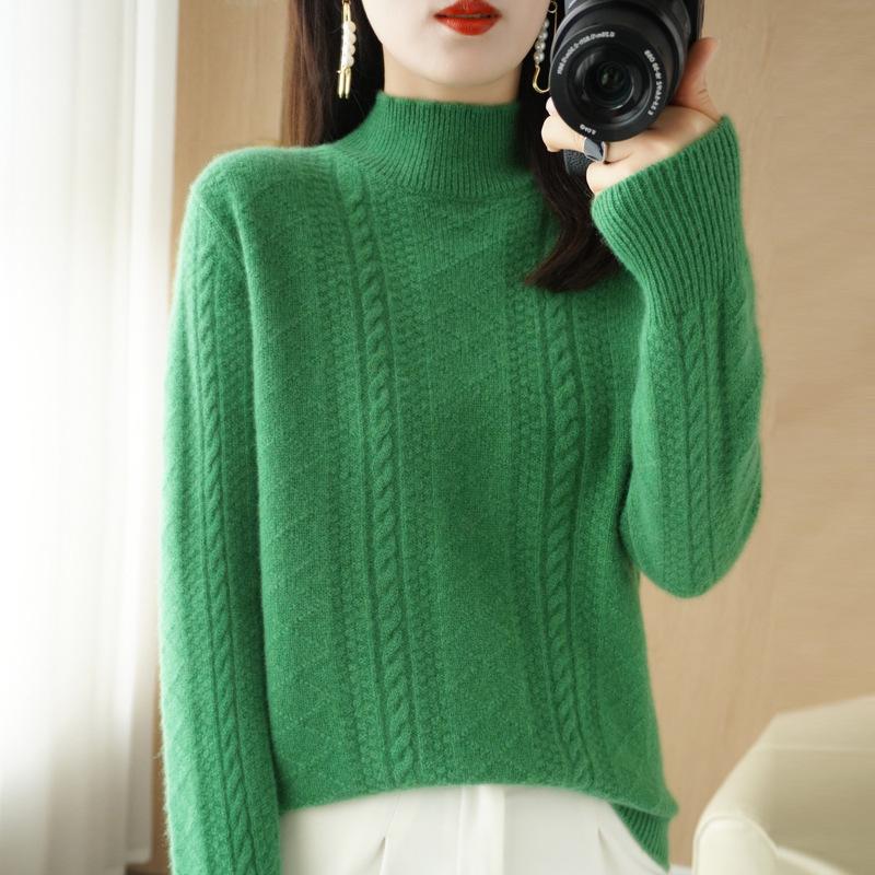 High Neck Vertical Stripe Jacquard Wool Sweater - Fashionable Cable Knit Cashmere Knitwear