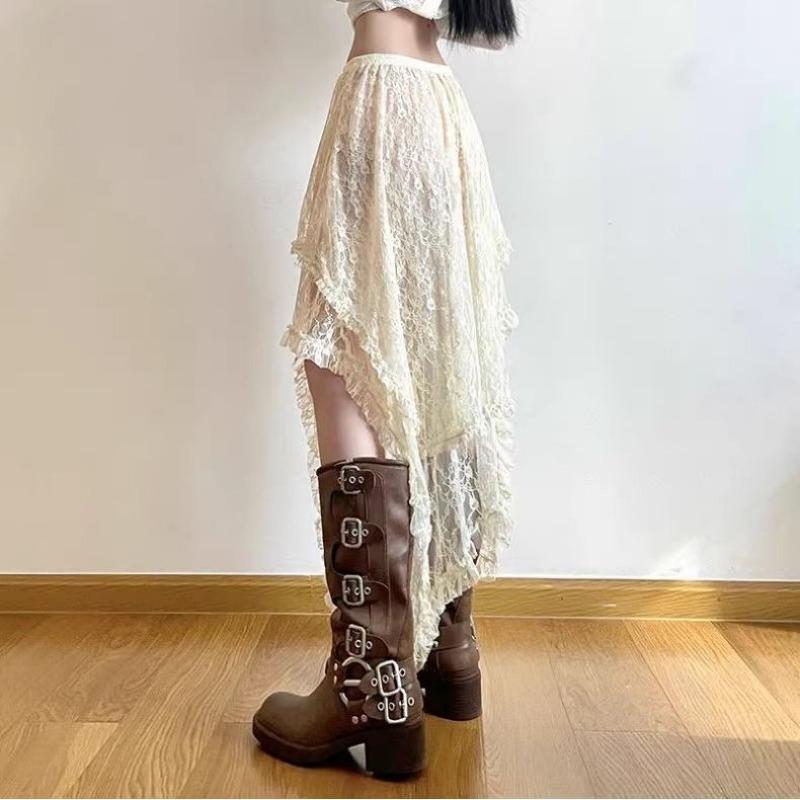 Vintage Asymmetrischer Spitzenrock für Damen, Sommer, hohe Taille, locker, trendiger Mittelrock, Y2k-Kleidung, Mode, Streetstyle