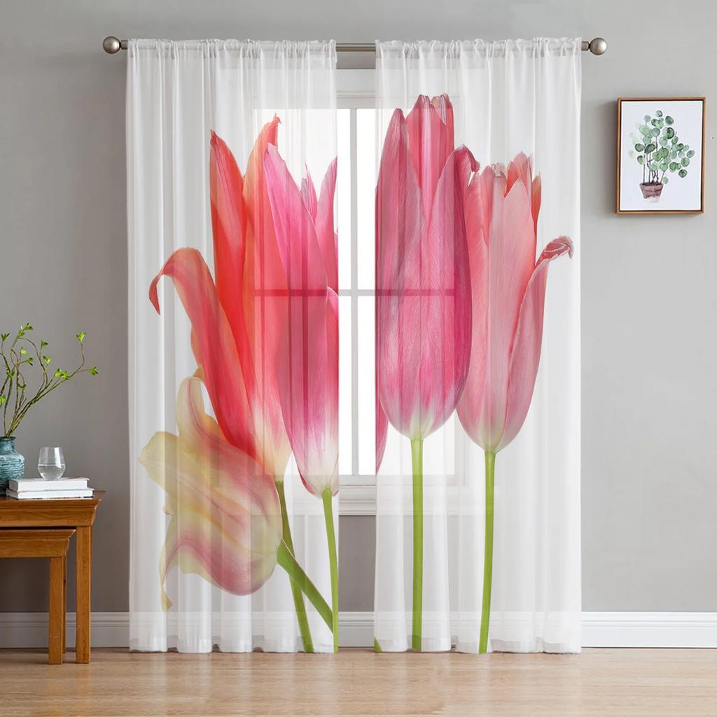 Spring Tulips Easter Mother Day Flowers Tulle Curtains Living Room Home Kitchen Decor Bedroom Window Drapes Light Filtering Made Of Polyester Sitting