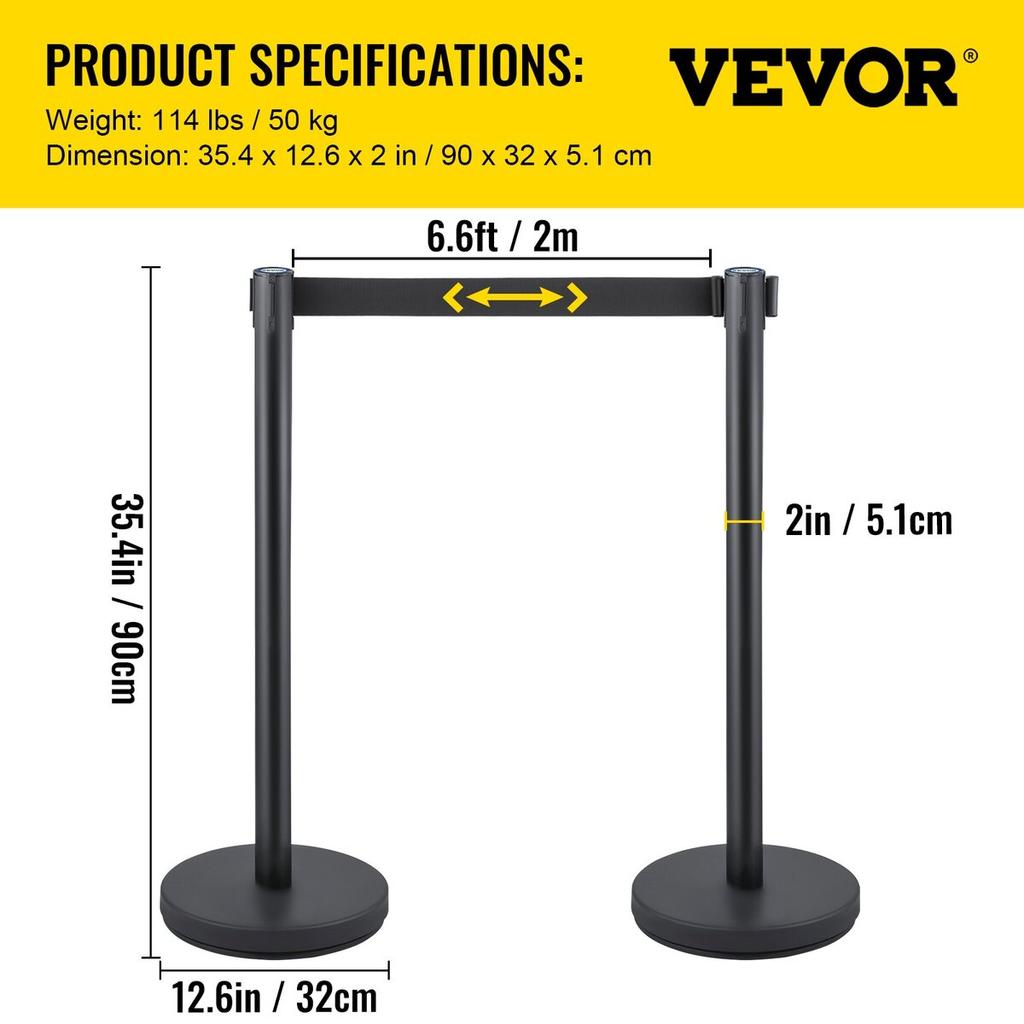Crowd Control Stanchion, 8 Pieces Stanchion Set, with 6.6 ft/2 m Black Retractable Belt, Black Crowd Control Barrier w/Concrete and Metal Base, Easy
