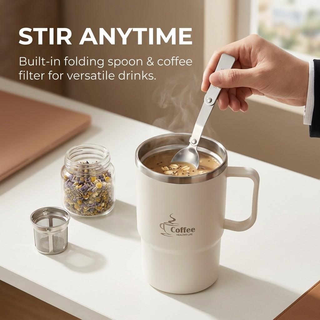 Thermal Coffee Tumbler Travel Mug With Handle 304 Stainless Steel Insulated Leakproof Water Bottle Dual Drink Cup With Spoon