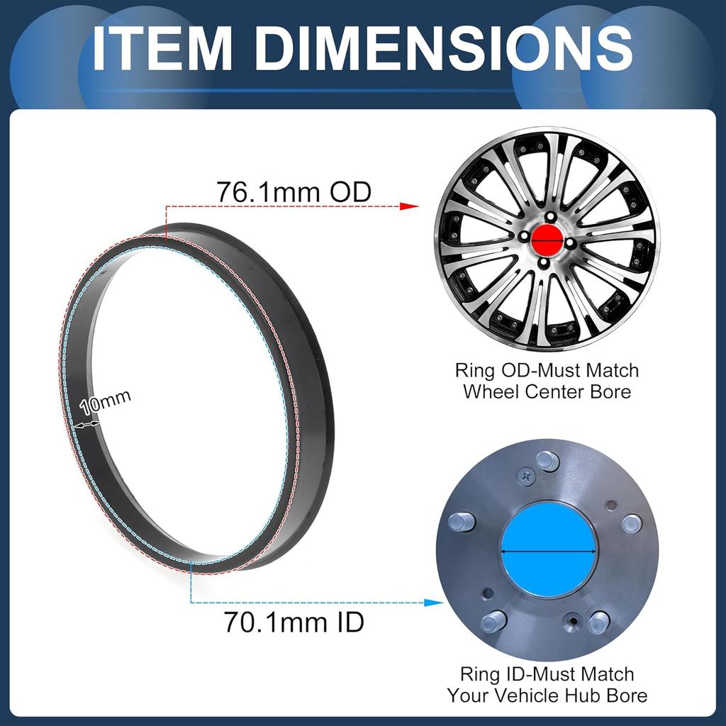 76.1mm to 70.1mm Car Wheel Hub Centric Rings Black Polycarbonate Wheels Center Shaft Shock Absorbing Hubrings 4 Pcs
