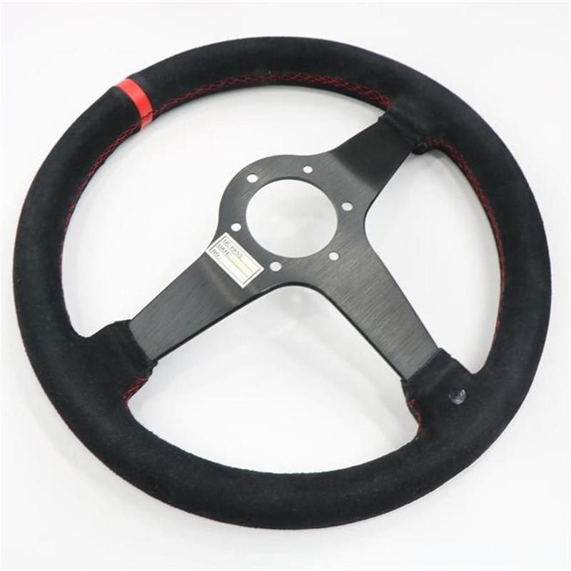 14 inch 350MM Suede Shallow Concave Steering Wheel with Red Stitching,Universal Racing Sports Steering Wheel
