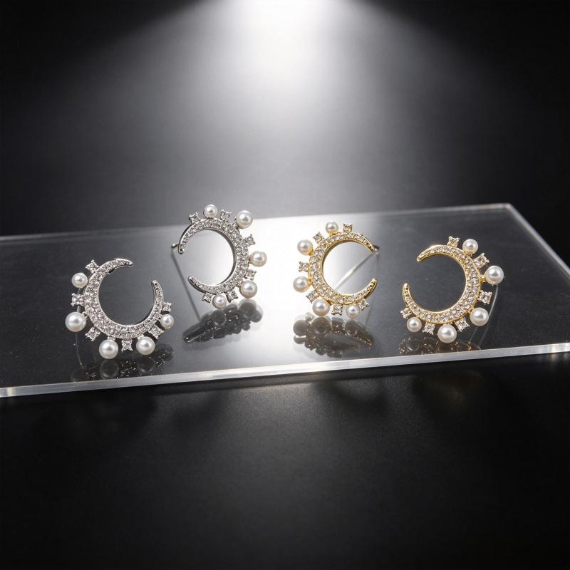 Elegant Crescent Moon and Pearl Diamond Stud Earrings for Women