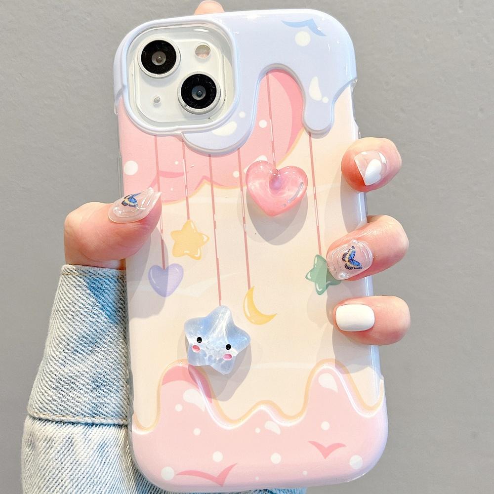 Cartoon 3D Heart Star Ice Cream Bead Strap Phone Case For iPhone 15 13 14 12 11 Pro Max Plus INS Lovely Soft Silicone Back Cover