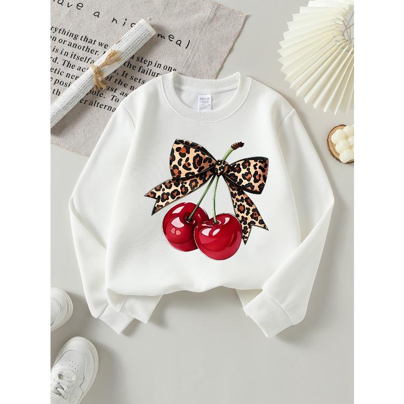 Girls' Sweatshirt, Girls' Clothes, Girls' Round Neck Fashion Sweatshirt, Leopard Print Bow Cherry, Girls' Autumn And Winter Trendy Print Sweatshirt