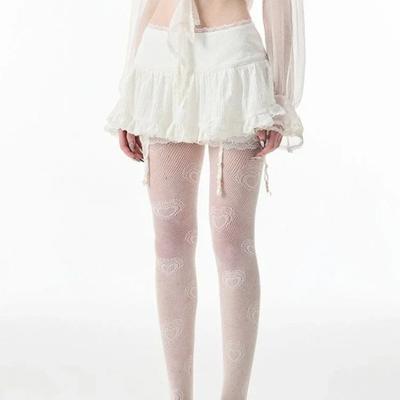 Coquette Minirock Frauen 2024 Kawaii Spitze Mesh Patchwork Sexy Weiß Hohe Taille A-Linie Lolita Rüschenrock Fairycore