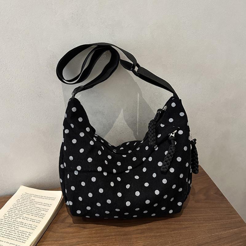 Polka Dot Hobo Bag For Women Corduroy Material Crossbody Bag With Knotted Detail Casual Korean Style Shoulder Bag Daily Commute