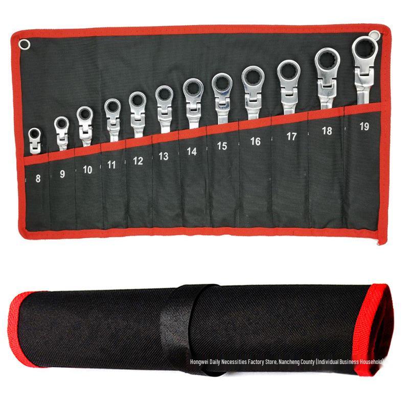 Adjustable Gear Ratchet Wrench Set with Canvas Hanging Bag