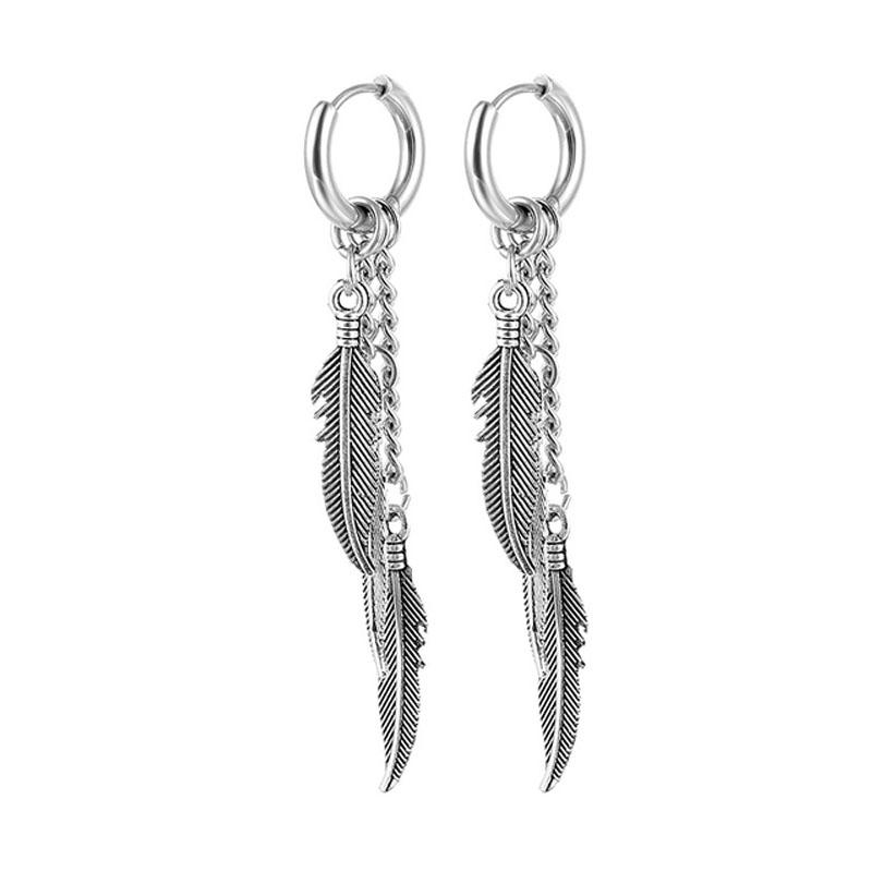 WKOUD 1 Paire Boucles d'Oreilles en Acier Inoxydable Pour Homme/Femme Pendentif Plume Croix Longue Gland Unisexe Créole Punk Gothique Piercing Zircon