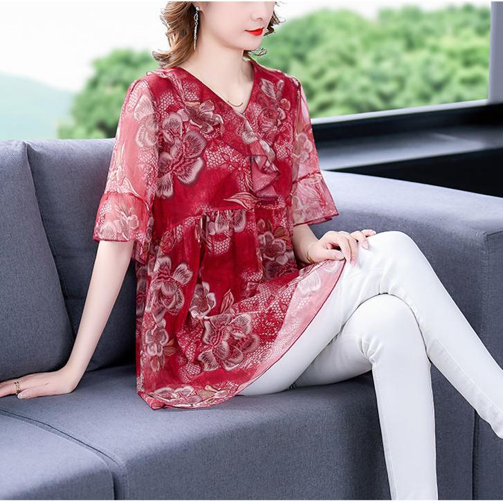 Women's Plus Size Blouse Summer Stretch Print Mesh Blouse Oversized Shirt Short Sleeved Loose  Blouse Top