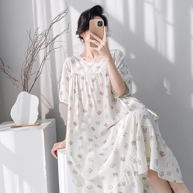 New cotton silk nightdress short-sleeved loose spring and summer loungewear casual loose dress lazy style woman
