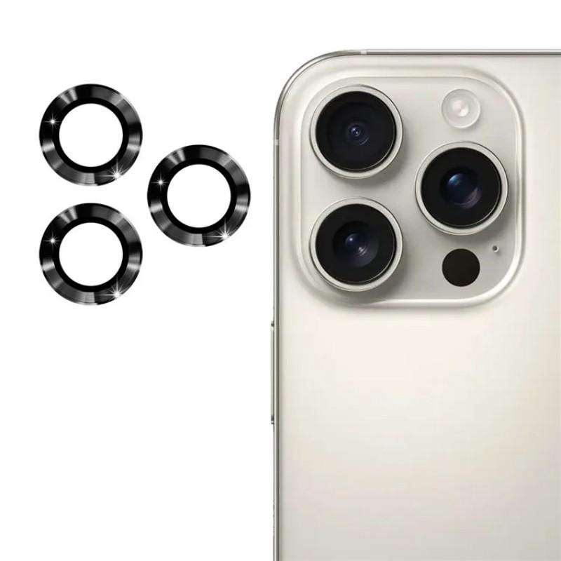 

For iPhone 15 Pro/iPhone 15 Pro Max Camera Lens Protector WANLONFENG Metal CD Texture Tempered Glass Lens Film Black
