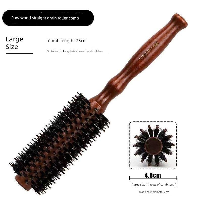 Rolling Comb Hair Saloon Dedicated Bangs Blowing Small Rolling Comb Air Bangs Inner Buckle Curly Hair Straight Hair Dual-Use Pig Bristle Hair Comb Large, Wood-Colored Curly Hair Roller Comb