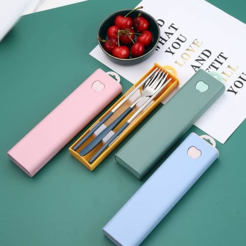 Stainless steel 3-piece cutlery set featuring chopsticks, fork, and spoon, with case. Portable and hygienic, perfect for students and adults, perfect