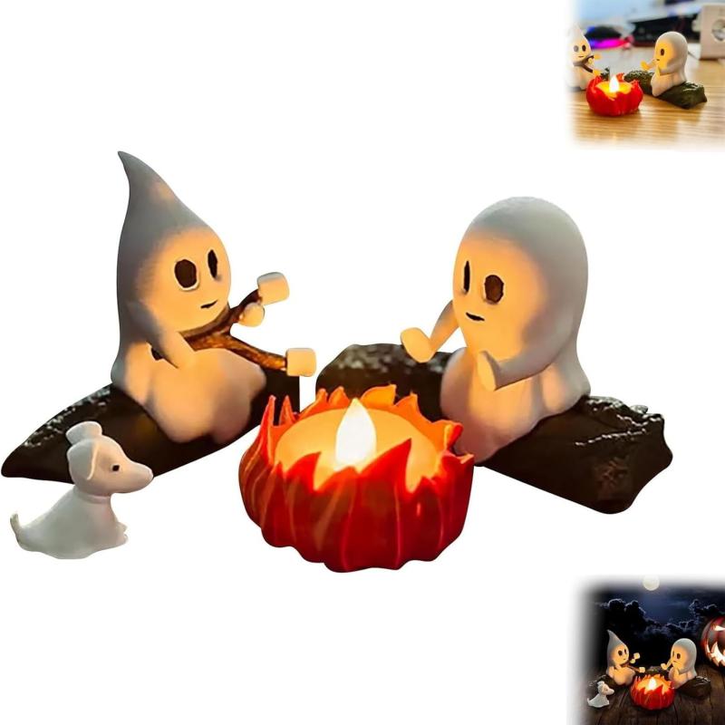 Ghost Campfire Gathering Flickering Nightlight 3D Printed Cute Ghost Ornaments Statues Bonfire Party Halloween Desk Decoration