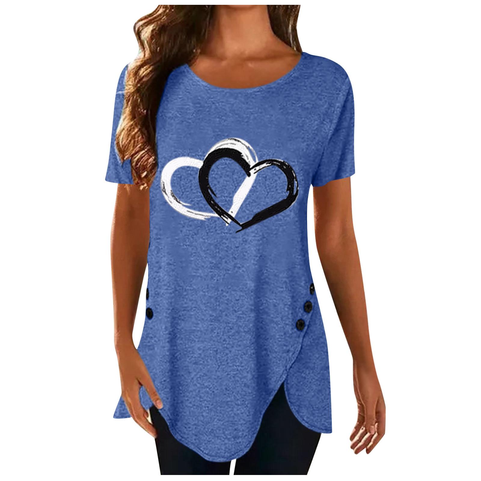 

Плюс размер топы с принтом сердца круглый вырез туника с короткими рукавами блузка повседневные рубашки женская одежда M