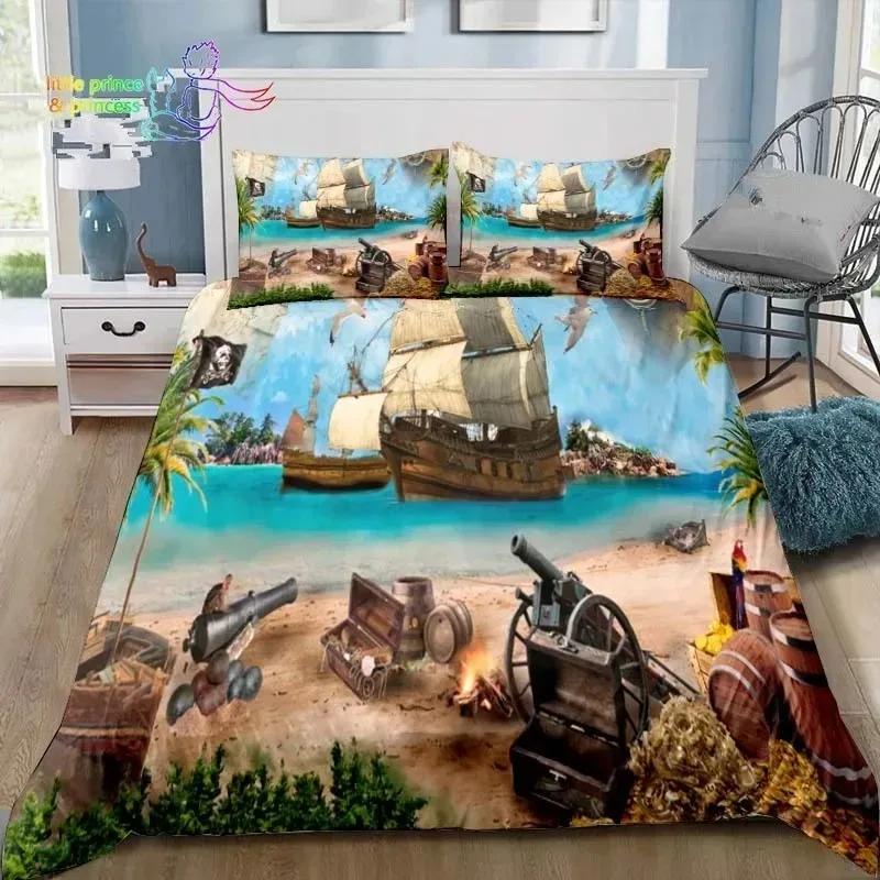 Vintage Pirater Sängkläder Set Enkel Tvilling Full Queen King Size Sängset Vuxna Pojkar Sovrum Pirater Skattkarta Sängkläder Gåva
