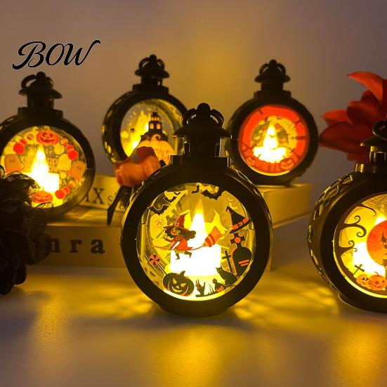 Retro Pocket Watch Lantern Halloween Pumpkin Lantern, LED Electronic Candle Light, Vintage Spooky Silhouette Decor Handheld Decorative Lamp