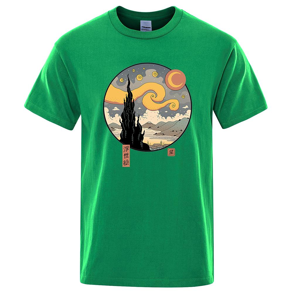 Starry Ukiyo-E Night Funny Printing T Shirts Mens Harajuku Casual Tshirts Cotton Summer Short Sleeve High Quality Street Tops