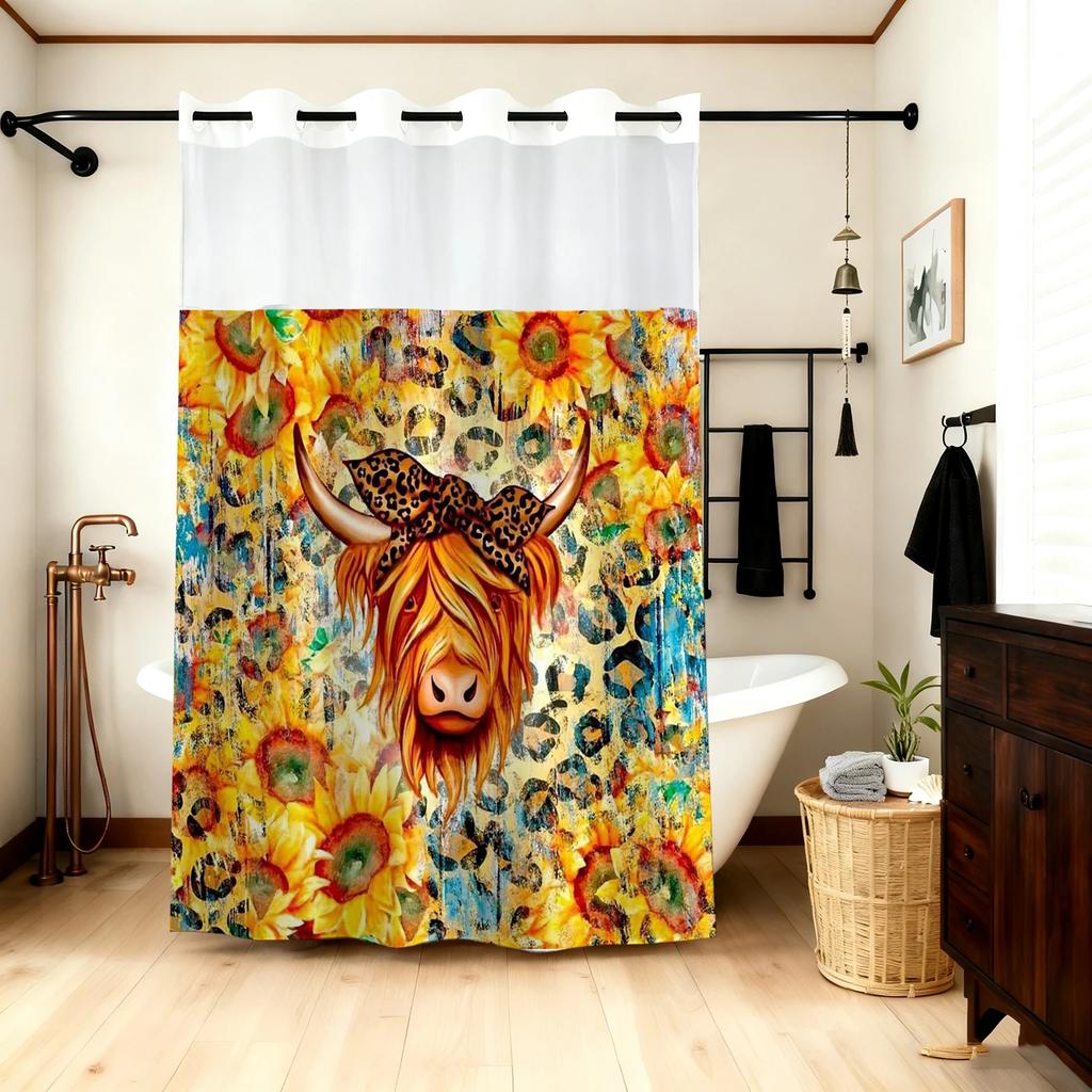 No Hook Bull Sunflowe pattern Shower Curtain With Snap-in Fabric Liner Sheer Top Window, Waterproof Double Layer Bathtub curta