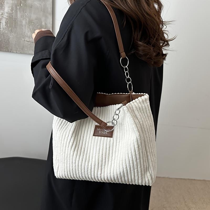 An Elegant Corduroy Handbag for Women,Featuring A Chain Shoulder Strap,Spacious Design,Perfect for Daily Commuting,with A Polyester Lining,Zip Closure